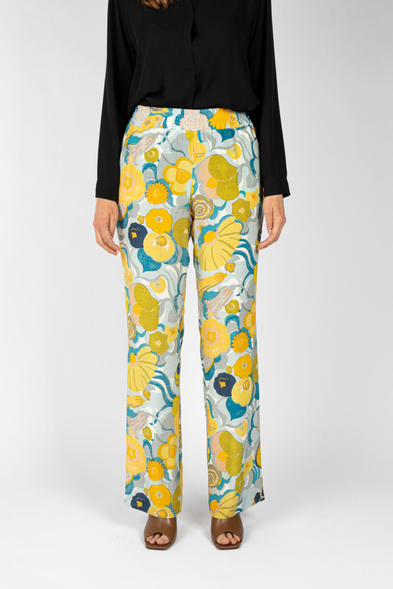 Pantaloni stampati disegno fiori sul giallo linea morbida da donna - P18M666T5 FANTASIA - 1