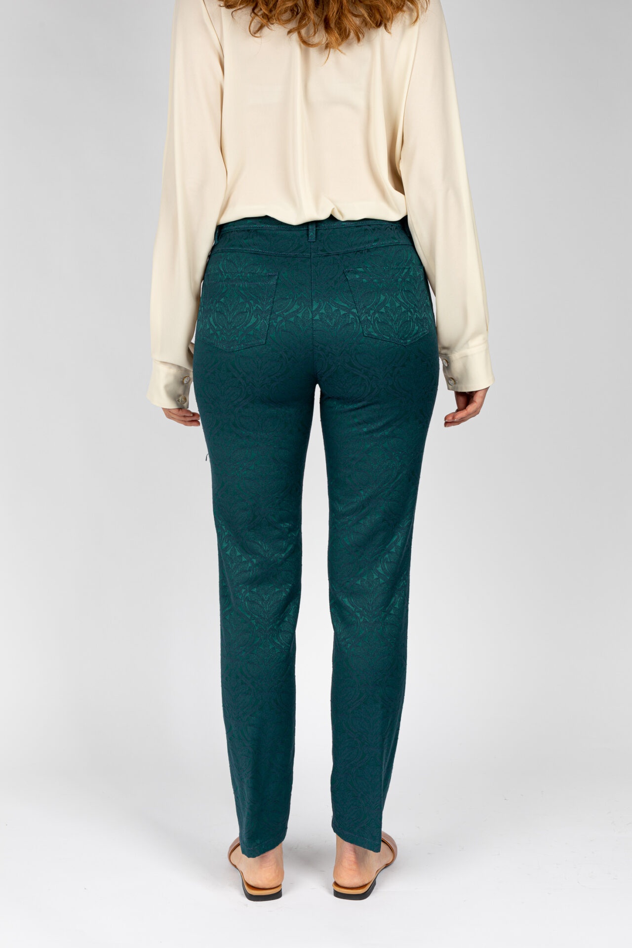 Pantaloni linea Jeans tessuto jacquard disegno fiore colore verde P19950GT - 4